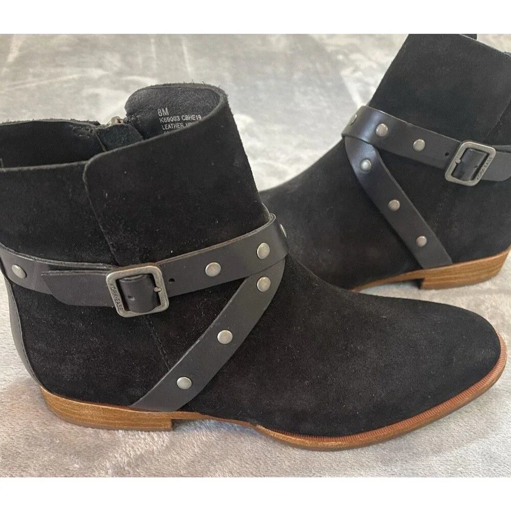 Kork Ease NWOB womens faux buckle black suede ankle zip boots 8 M quiet luxury